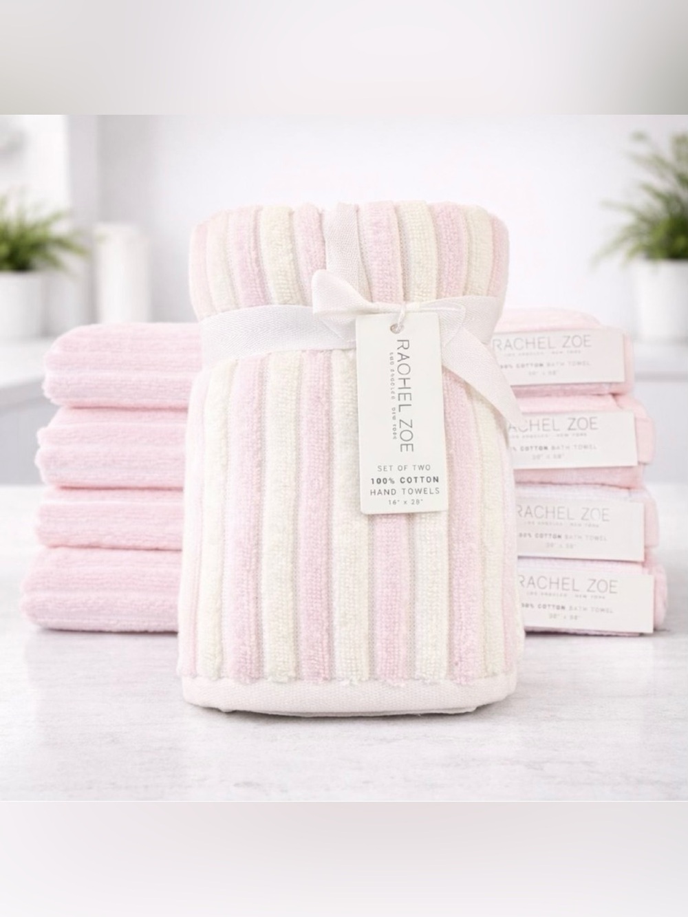 6 Pc Rachel Zoe Pink Stripe Towel Set 4 Bath 2 Hand 100% Cotton NWT